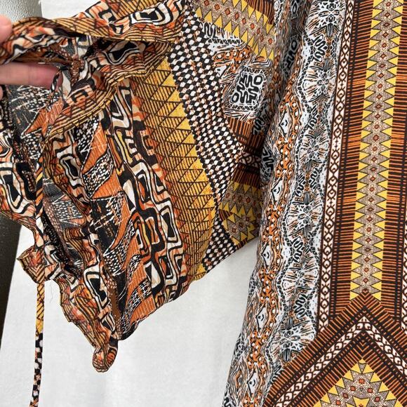 Cato Kimono Plus One Size Brown Yellow Ruffle Tie Sleeve Open Cover Up Duster - Picture 3 of 9